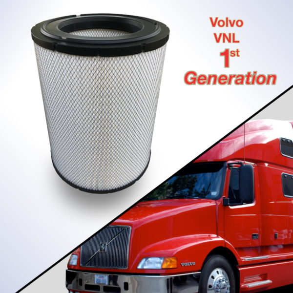 VOLVO TRUCK ENGINE AIR FILTER REPLACEMENT for Volvo trucks from 1998 to 2003 with Cummins and Volvo engines. Part #s: 8076195, AF25435, AF2296, LAF5722, RS3740